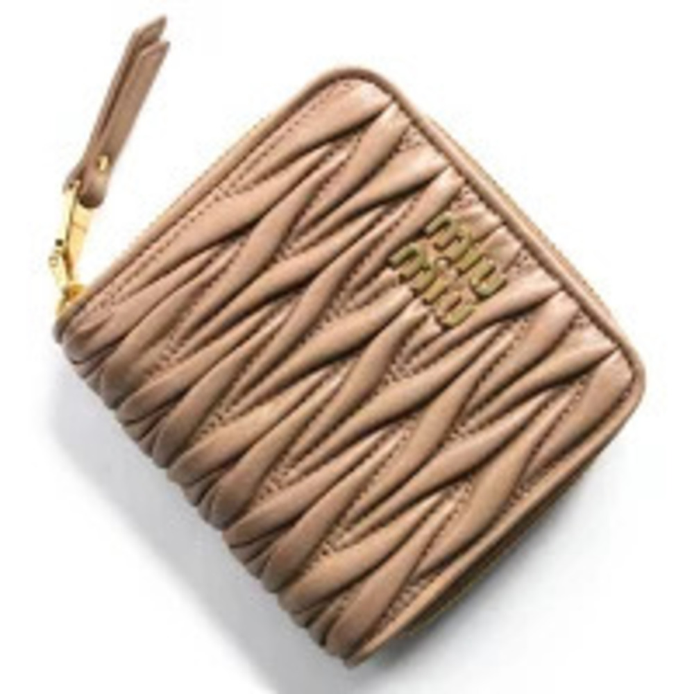 Miu MIu Bi fold Wallet Matelasse Shirring Cameo Pink Beige
